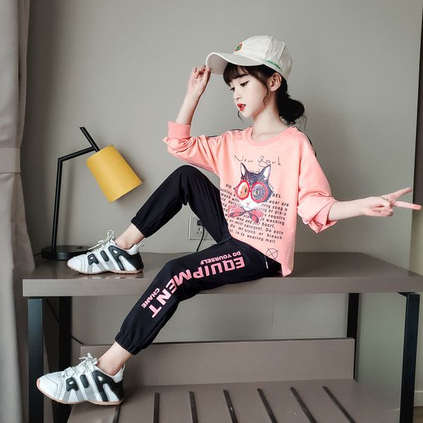 

13 14 year cute girl pink cartoon o-neck clothes suit 2020 new autumn fashion sports two piece sets little girl boutique clothesx1019, White