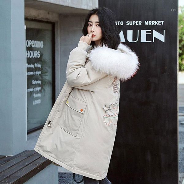 

korean padded jacket women hooded parka 2021 thick winter new mid-length embroidery down cotton coat female loose outerwear warm1, Black