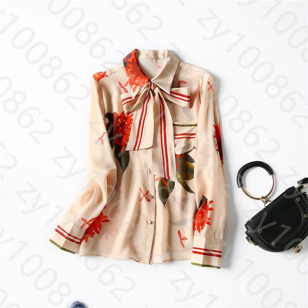 

2021 spring long sleeve lapel neck beige floral print natural silk ribbon tie bow single-breasted soie blouse elegant shirt shirts wj12281, White