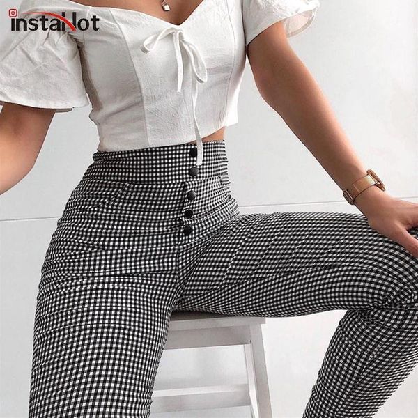 

instahigh waist pants autumn elegant trousers women grey plaid button front ladies pencil skinny pants casual streetwear1, Black;white