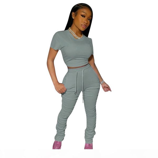 

women tracksuit o-neck short sleeves crop stacked bell bottom jogger sweatpants suit two piece sets sport outfits 2020, Gray