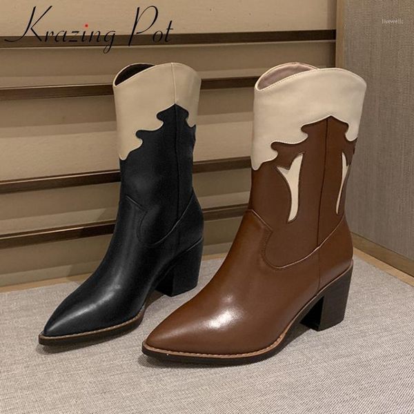 

boots krazing pot comfortable cow leather patchwork round toe slip on mixed colors luxury winter shoes dress women ankle l7f11, Black