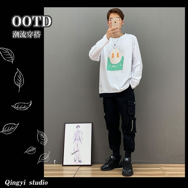 

2020 autumn new style sweater men's casual pullover loose trend round neck printing fake two long sleeve coats fashion brand