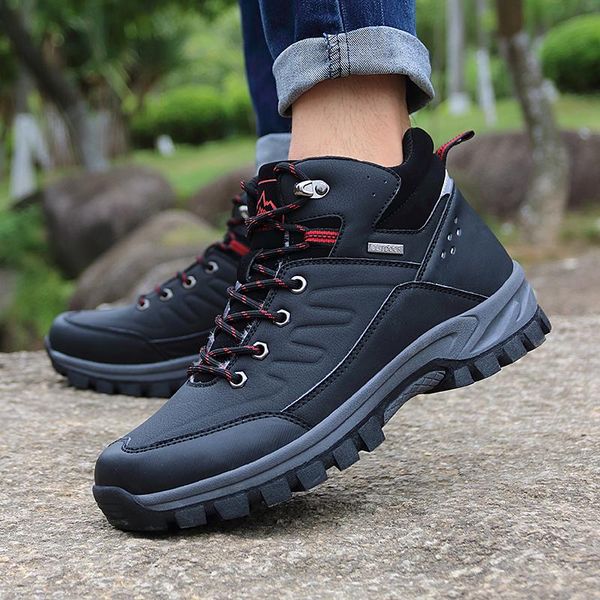 

boots men snow warm fur ankle for male outdoor waterproof shoes fashion lace up non-slip winter, Black