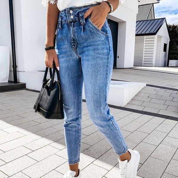 

women's jeans blue high waist pencil slim button pockets ladies denim pants 2021 autumn vintage streetwear trouser female bottom