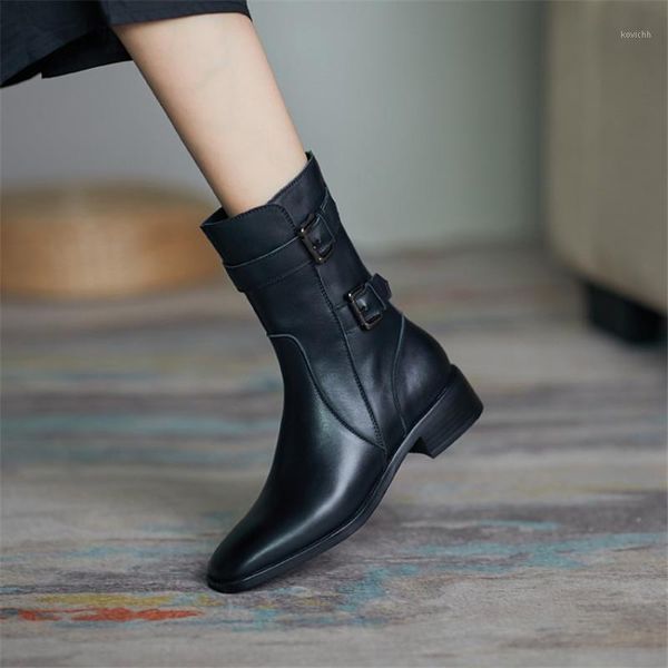 

winter women boots genuine leather boots with side zipper buckle square toe chunky heel all-match handsome knight1, Black