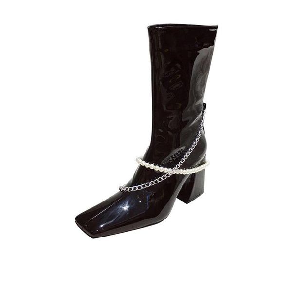 

women winter boots fashion square toe leather shoes metal chain pearl decor knee high boots chunky heel side zipper woman shoes, Black