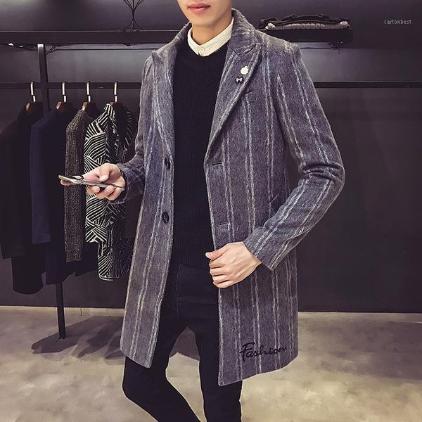 

men's wool & blends fashion casual slim striped single breasted overcoats high-end brand long tranch jacket male mens autumn winter war, Black