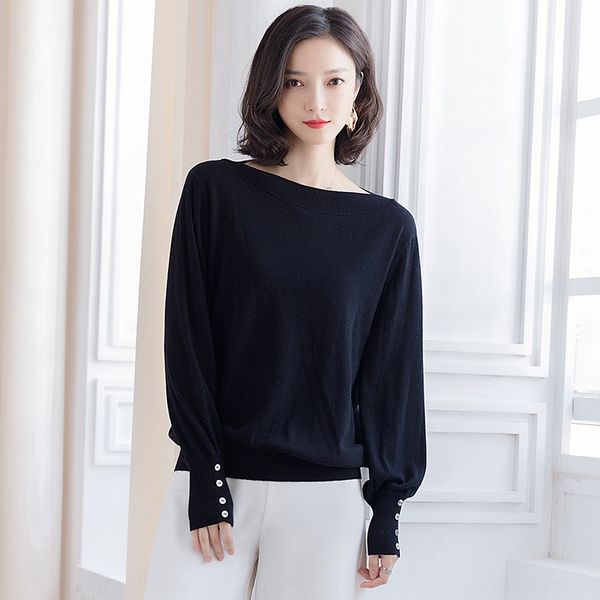 

2020 simple autumn new cashmere sweaterwomen's sweater languid stylepure color sweaterloose knitting and bottoming sweater trend 0bhqs, White;black