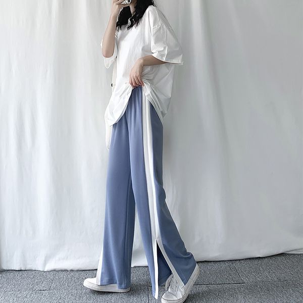 

2021 new spring stretch high waist women casual female trousers outwear split hem stright pants fz2h, Black;white