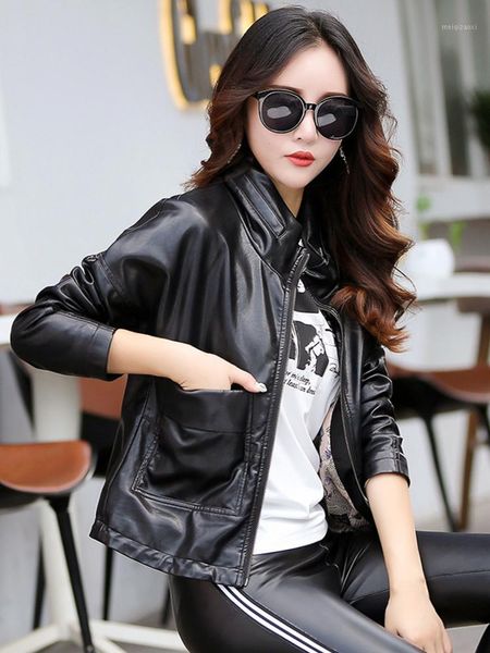 

leather jacket women's short 2021 spring and autumn new collar loose korean sheep leather jacket1, Black