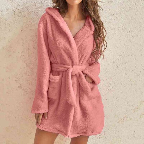 

fashion women winter warm hooded plush flannel thicken kimono bathrobe home clothes long sleeved short robe sleepwear nightwear, Black;red