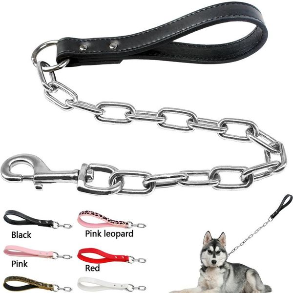 

durable dog chain leash small large dogs walking lead rope collar harness leashes with leather handle golden color pet bbyhcb