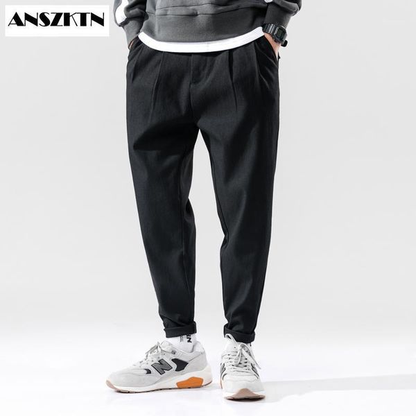 

anszktn new fashion men's length sweatpants male white streetwear trousers loose jogger sweatpant with pockets street style pant1, Black