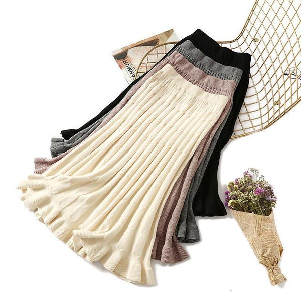 

hlbcbg warm knitted midi skirt women for autumn winter 2019 koreaan ladies high waist a line pleated long skirt female, Black