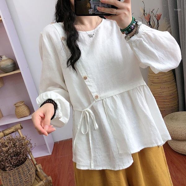 

women loose patchwork round neck solid color blouse ladies vintage autumn casual shirts female 2020 blouses1, White