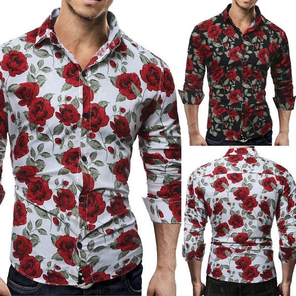 

men's casual shirts fashion long sleeve luxury shirt tee slim fit rose flower printed men -3xl, White;black