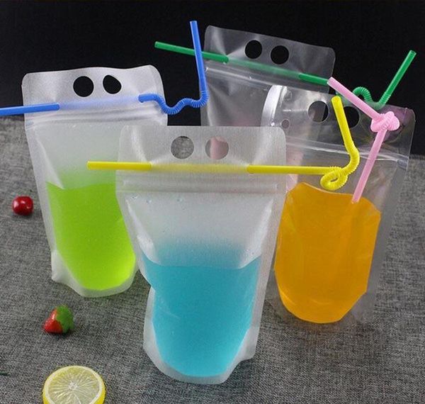 

drink pouches 500ml drinking zipper bags clear bag with straw frosted heat-proof 17oz holder plastic stand-up with reclosable wmtri