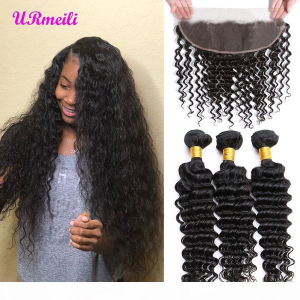 

deep wave human hair bundles with frontal malaysian lace frontal closure with bundle aliabba 8a remy human hair bundles with frontal, Black;brown