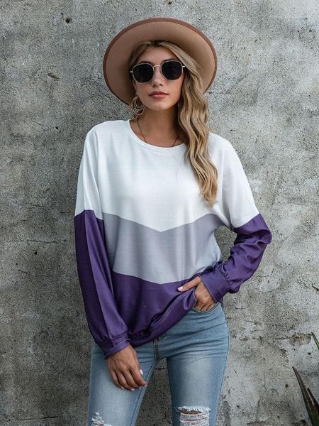 

panelled tshirt long sleeve crew neck loose tees famale spring autumn clothes women three color, White