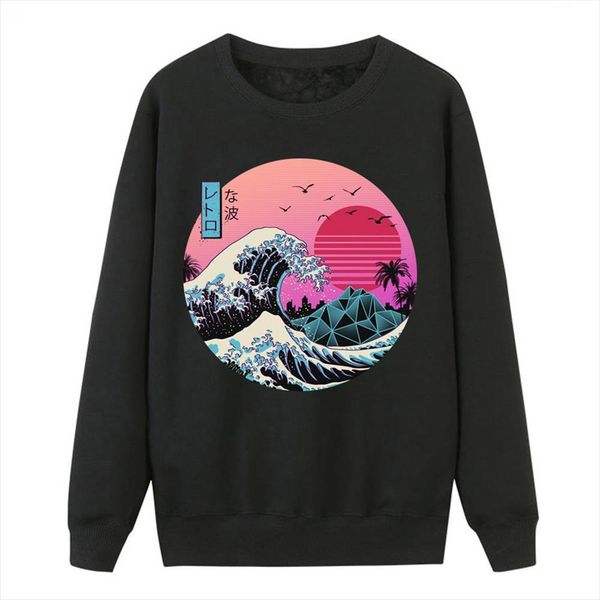 

the great retro wave sweatshirts women crewneck hoodies japan anime vaporwave pullover women winter harajuku fleece streetwear, Black