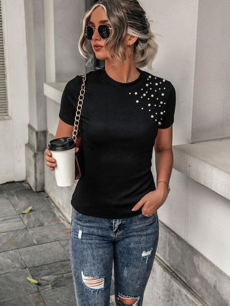 

pearls beaded ribbed knit round neck tee v2el#, White