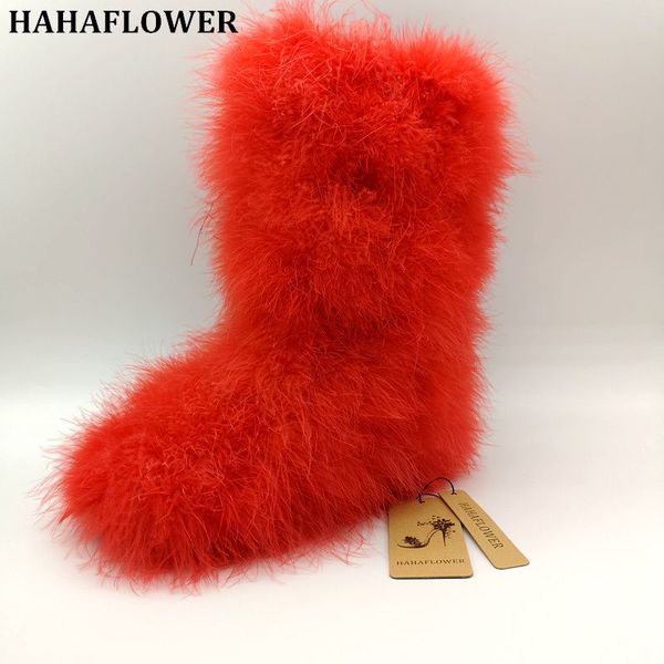 

hahaflower snow boots genuine real hairy ostrich feather furry fur women's high boot winter women snow shoes, Black
