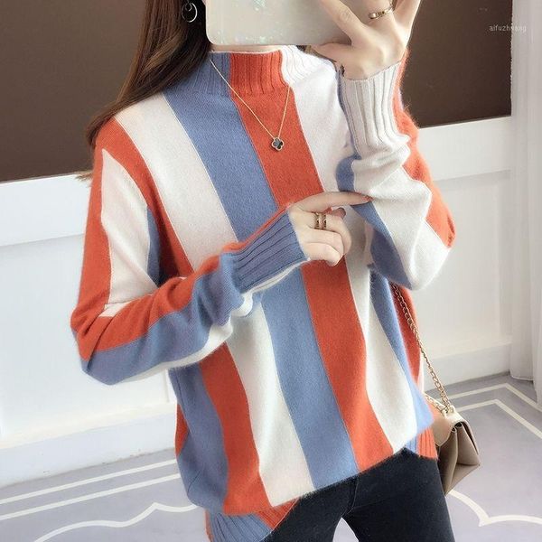 

rainbow stripe antumn and winter sweater contrast knitted pullover 2019 long sleeve turtleneck knitwear fashion slim women jump1, White;black
