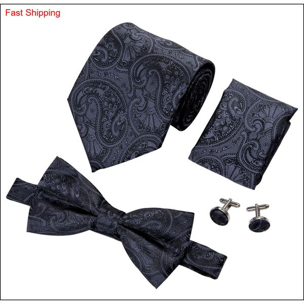 

luxury mens tie designer tie gold paisley bowtie silk woven with handkerchief cuffs wedding dress fashion qylrso bdehome, Black;blue