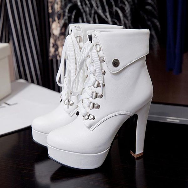 

boots lace up ankle leather women high heels autumn winter ladies shoes pointed platform rome femmes bottes black big size 34-43