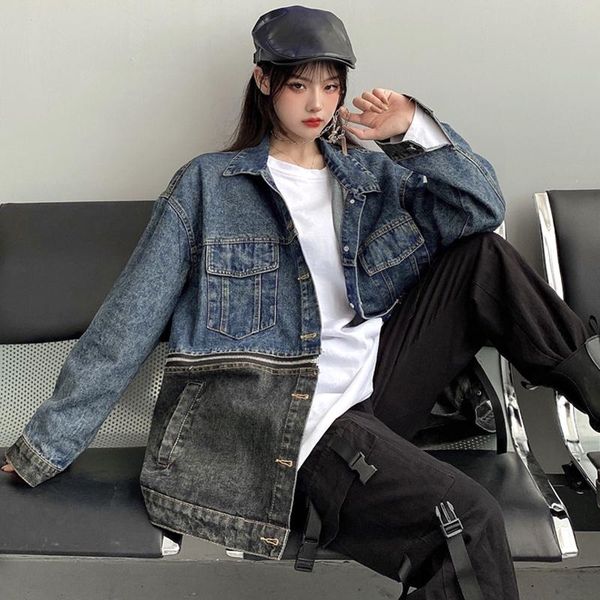 

streetwear denim jacket women's short 2021 spring and autumn new design splicing loose top, Black;brown
