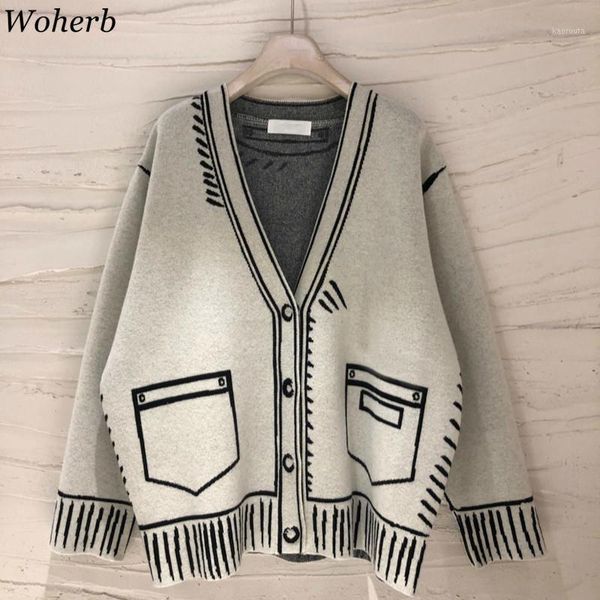 

woherb korean fashion cardigan casual loose knit sweater women chic print v-neck long sleeve sueter coat streetwear pull femme1, White