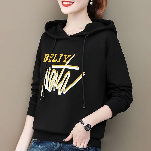 

women's fashion with hooded sweater in 2020 new spring autumn thin style, age reducing and loose korean long sleeve coat for women, Black