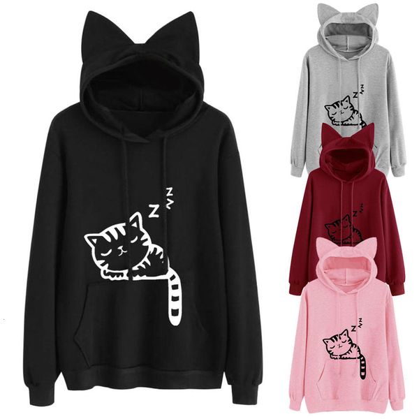 

fall / winter 2020 loose hooded fleece printed cat sweater top, Black