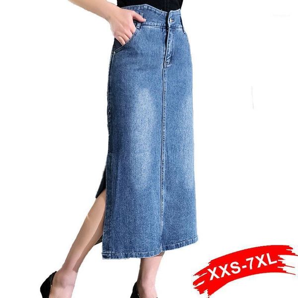

plus size vintage irregular waist side split denim jeans skirts 4xl 7xl women streetwear mid-calf length straight long skirts1, Black