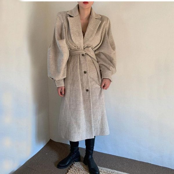 

women's wool & blends 2021 korean women clothing lantern sleeve turn down collar single breasted winter coat elegant plaid woman parkas, Black