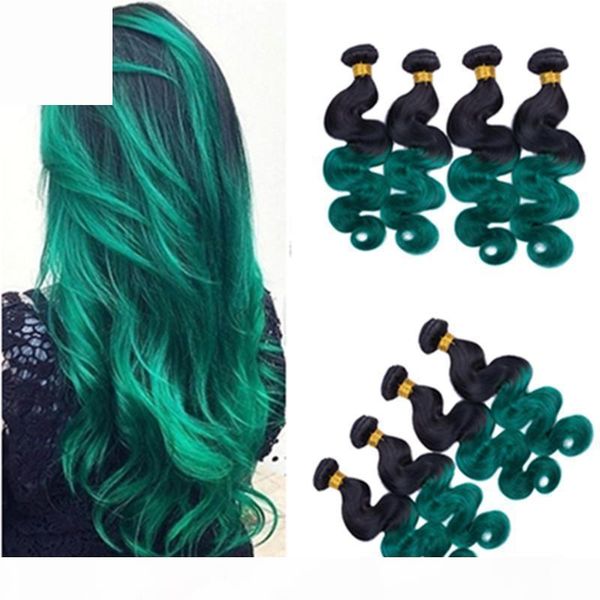 

#1b green ombre peruvian human hair bundles body wave virgin hair weave extensions ombre dark green human hair bundles double wefts 4pcs, Black;brown