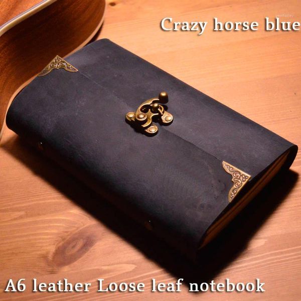 

notepads a6 leather loose leaf notebooks and journals handmade vintage cowhide daily record travel spiral riller notepad creative gift1, Purple;pink