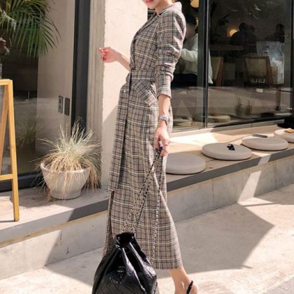 

2021 new winter double plaid overknee adjustment thin wool coat 0grp, Black