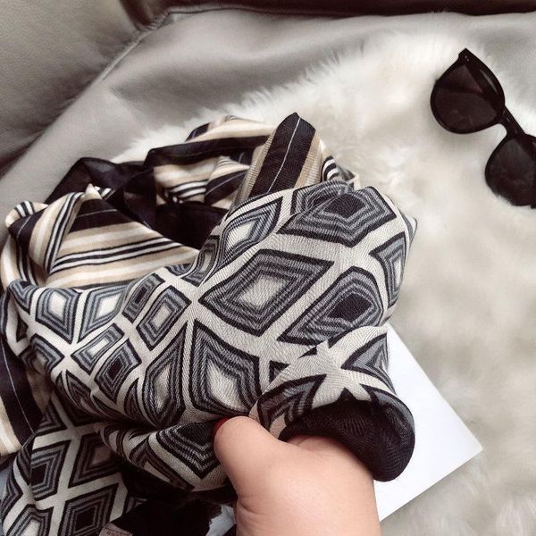

scarves phle cotton scarf women autumn and winter stitching geometric black long shawl dual-use, Blue;gray
