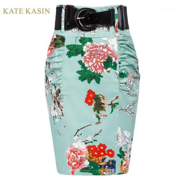 

kate kasin office lady shirred detail floral print pencil skirt with wide belt women formal work knee length bodycon skirts 20191, Black