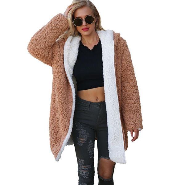 

long thick faux fur coat winter casual jacket female two-side hooded plus size outerwear for ladies 2020 fashion faux fur jacket, Black