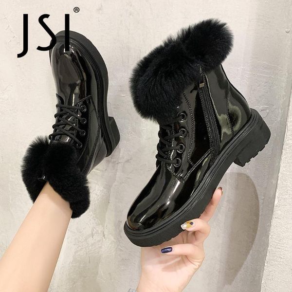 

jsi wool fur ankle boots woman round toe bright leather england style lace up zipper short plush insole warm shoe jo750, Black