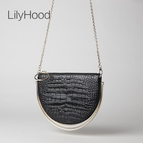 

cowhide crocodile skin print semi circle handbag lady small chain clutch bag women designer genuine leather black shoulder bag