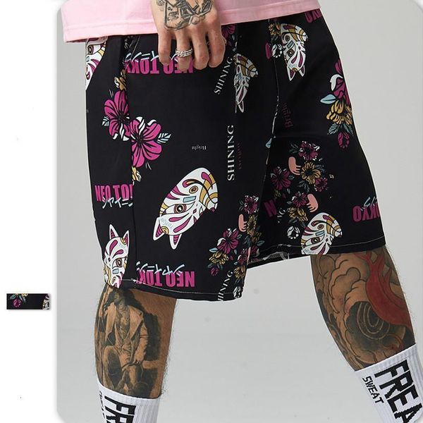 

japanese-style 2020 new summer men beach shorts quick dry coconut cat printed elastic waist short masculino black drop shipping, White;black