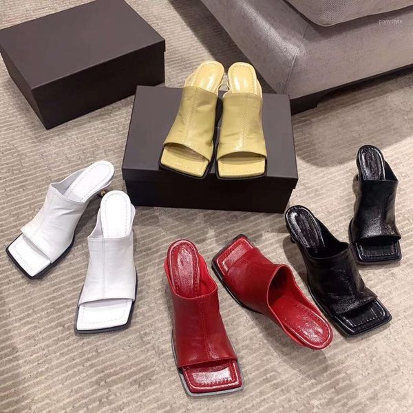 

slippers square slipper female summer 2021 net red soft leather metal with high heels stiletto wearing gold fashion1, Black