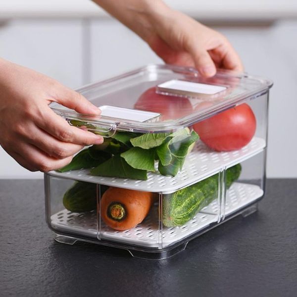 

double sealed drain storage box refrigerator fruit vegetable drain storage containers with lid kitchen fridge basket organizer