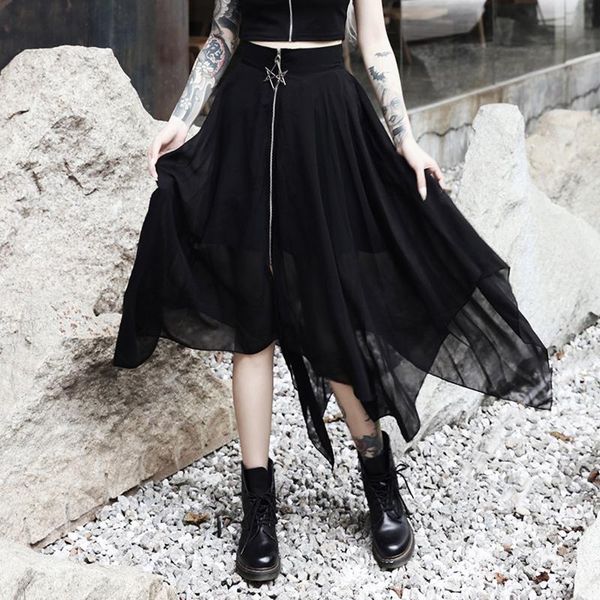 

black harajuku gothic punk women irregular mesh six-pointed star zipper loose streetwear skirt summer lace pleated dress 2021, White;black