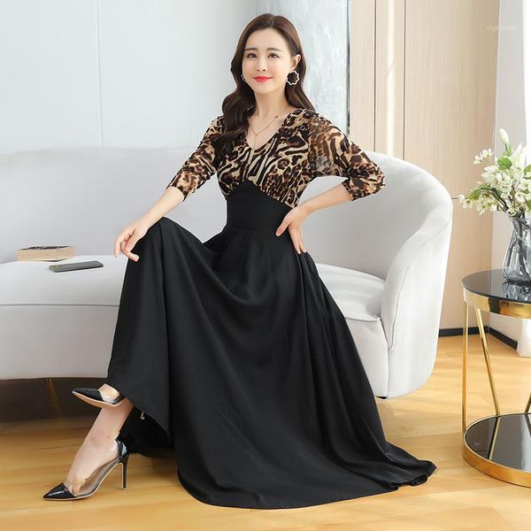 

2020 fall new leopard dress elegant plus size v-neck long sleeve splicing high waist slim chiffon dresses womens clothing1, Black;gray