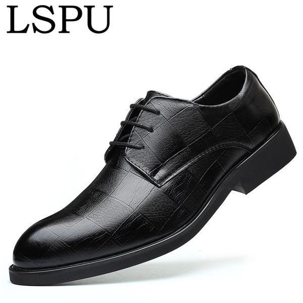 

lspu pointed toe men dress shoes lace up breathable casual business shoes for men fashion formal leather size 37-45, Black